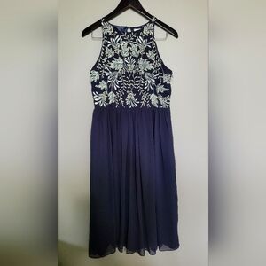 Monsoon Navy Midi Dress with White Floral Embroidery